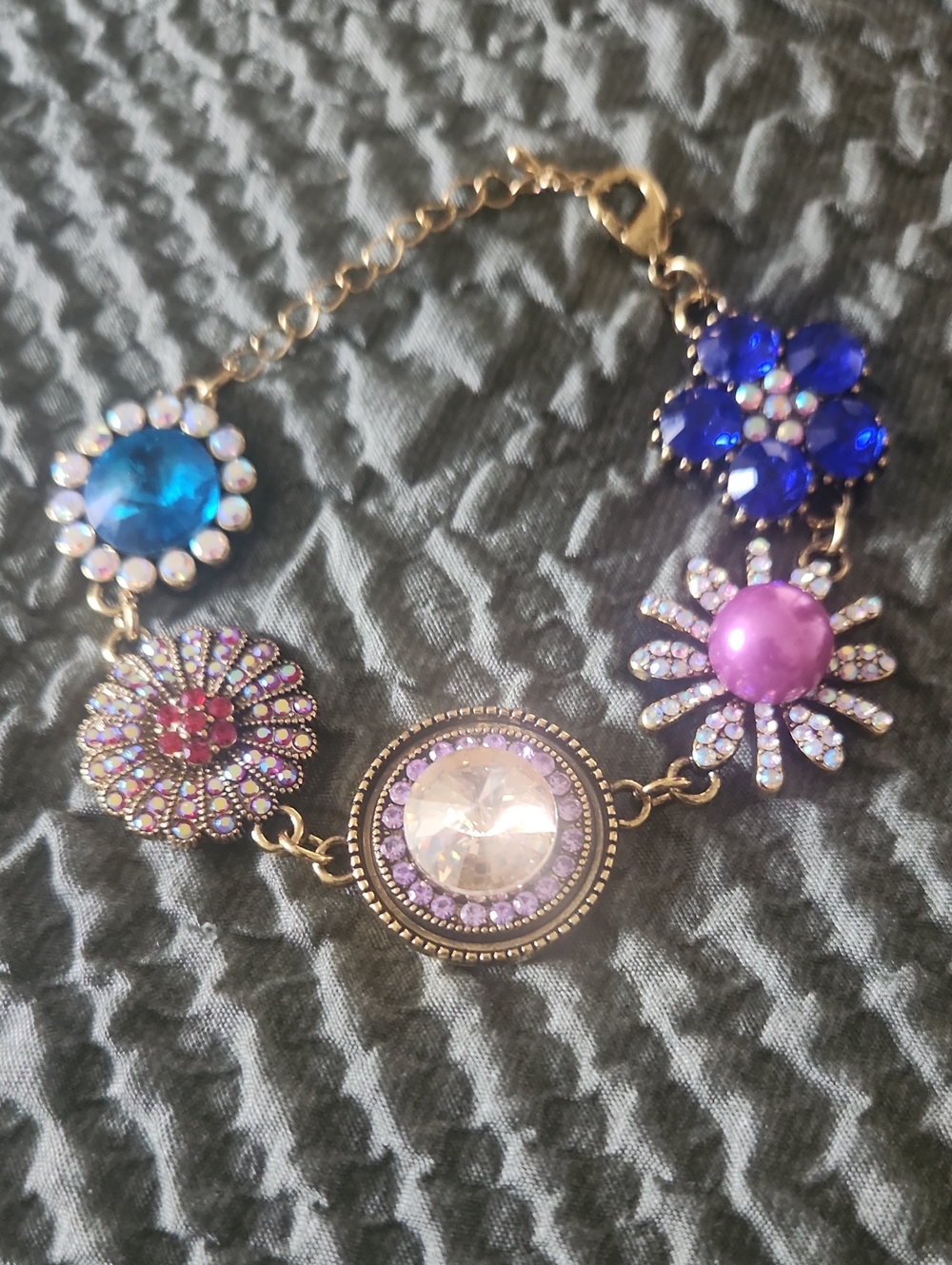 Multicolor Floral Crystal Statement Bracelet - Purple & Blue Accents